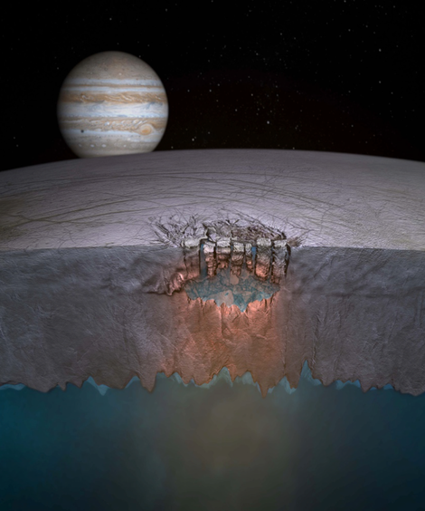 Artist’s concept for “chaos terrain” on Europa, with liquid water from a subsurface ocean seeping through cracks in the overlying ice. Image: Schmidt et al. 2011.